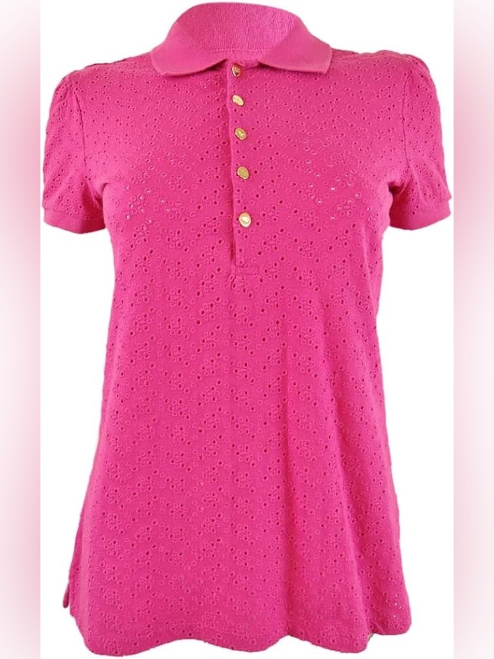 Lauren Ralph Lauren Eyelet Polo Shirt in Pink with Gold Buttons Embroidered 3XL